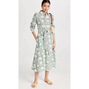 MAREA Small Green White Floral Cotton Block Print Long Sleeve Shirt Dress
